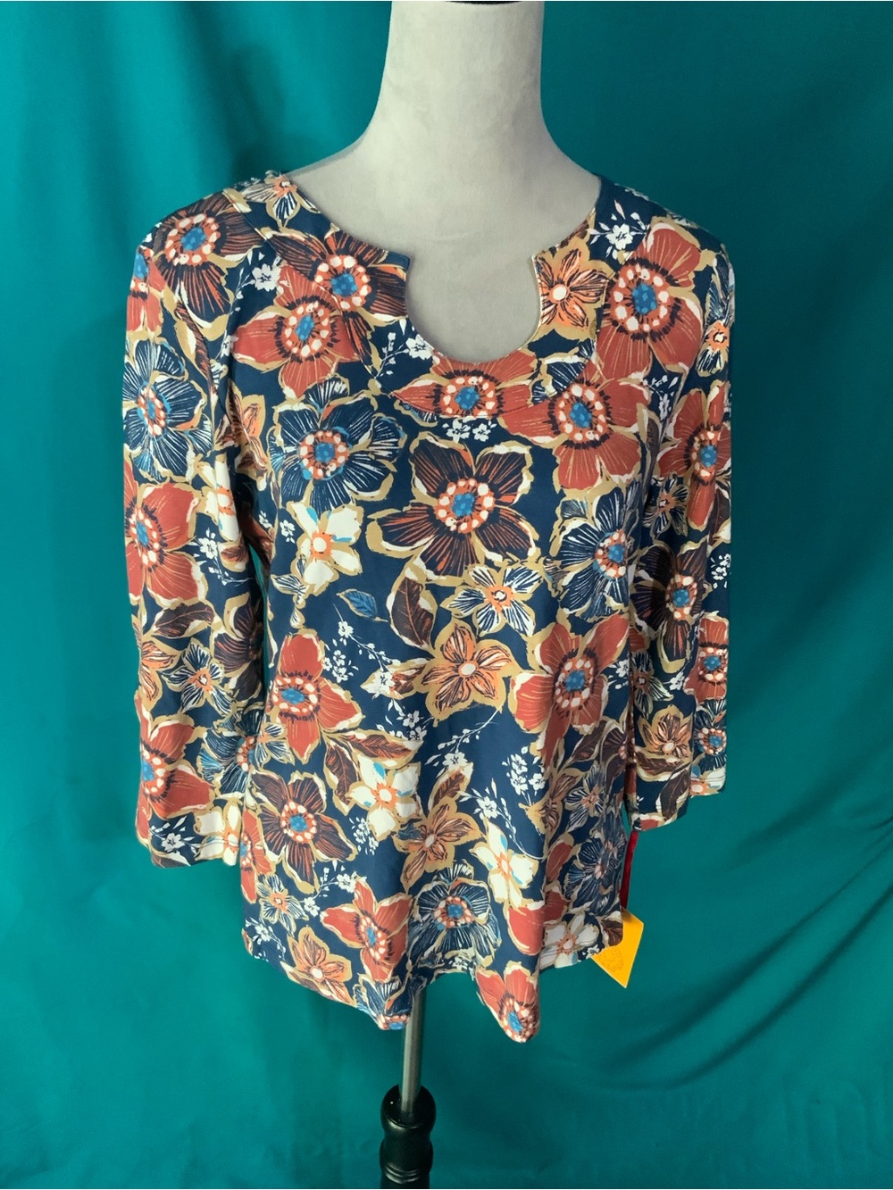 Ruby Rd. Navy Autumn Floral Long Sleeve Scoop Neck Top w/Coral Accents, NWT